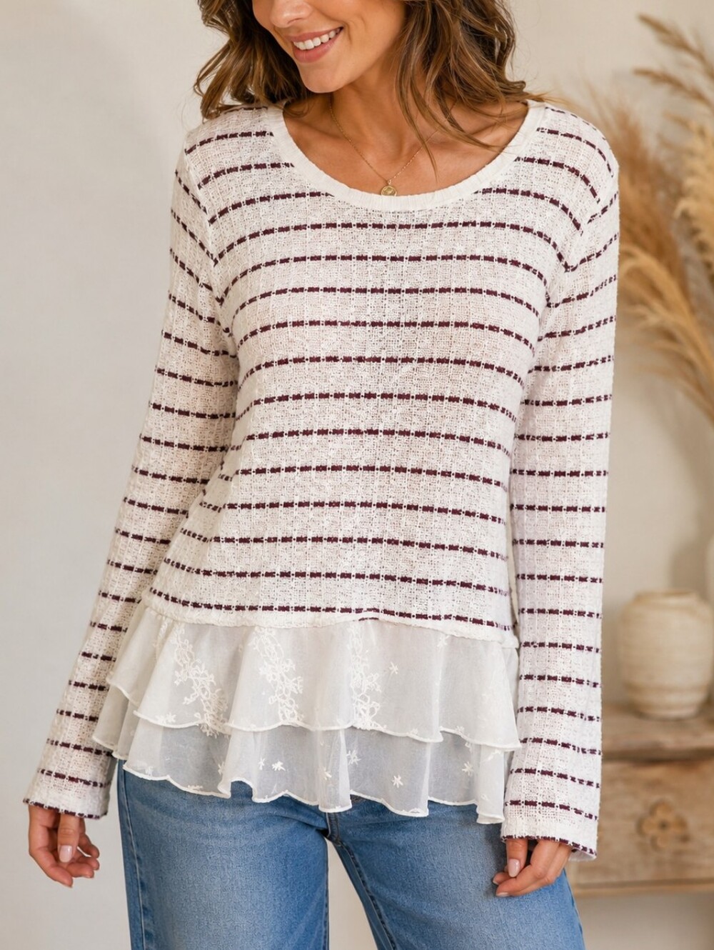 LILY WHITE | Women's Burgundy Striped Open-Knit Lace-Hem Sweater. Size M